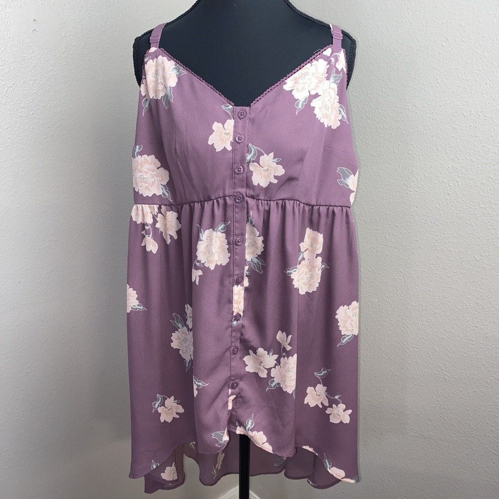 Torrid Lexie Tank‎ Tunic Women's 0 Purple Floral Hi Low Georgette Babydoll Cami